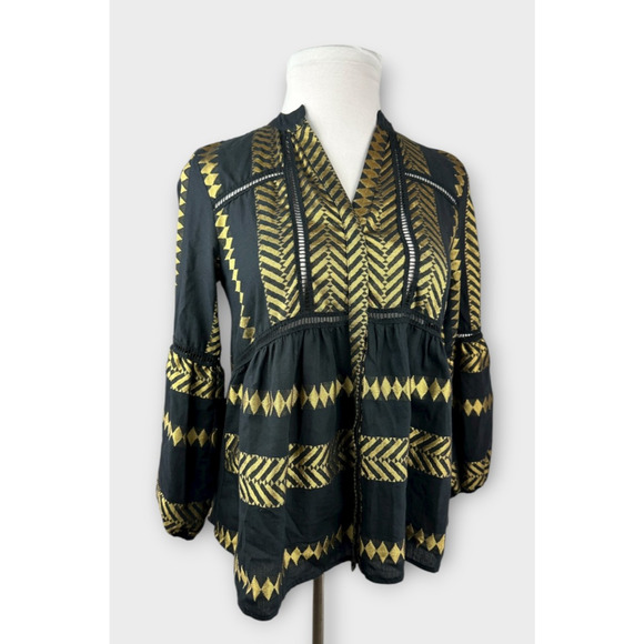 Kasia Blouse Black & Gold Balloon Sleeve Boho Geometric Babydoll Top Size Small - Picture 3 of 13